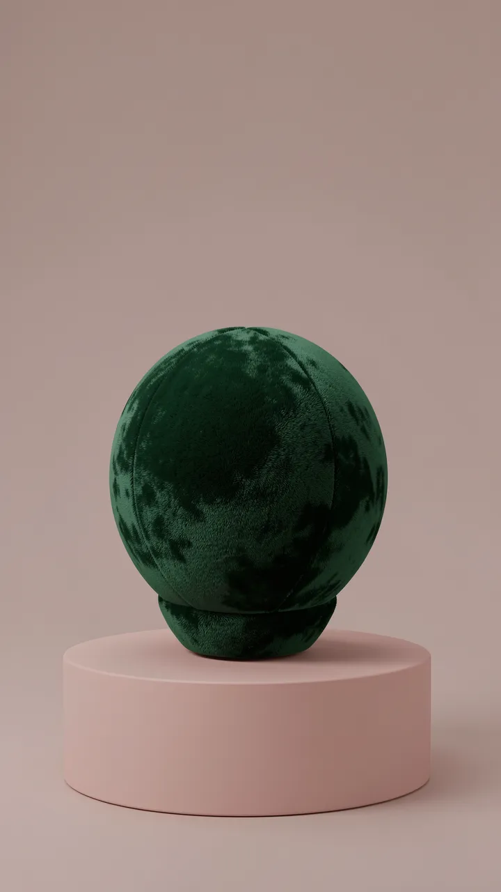Deep green velvet sphere displayed on a soft pink cylindrical pedestal against a matching muted blush background