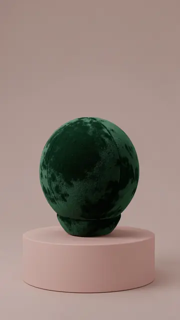 Deep green velvet sphere displayed on a soft pink cylindrical pedestal against a matching muted blush background