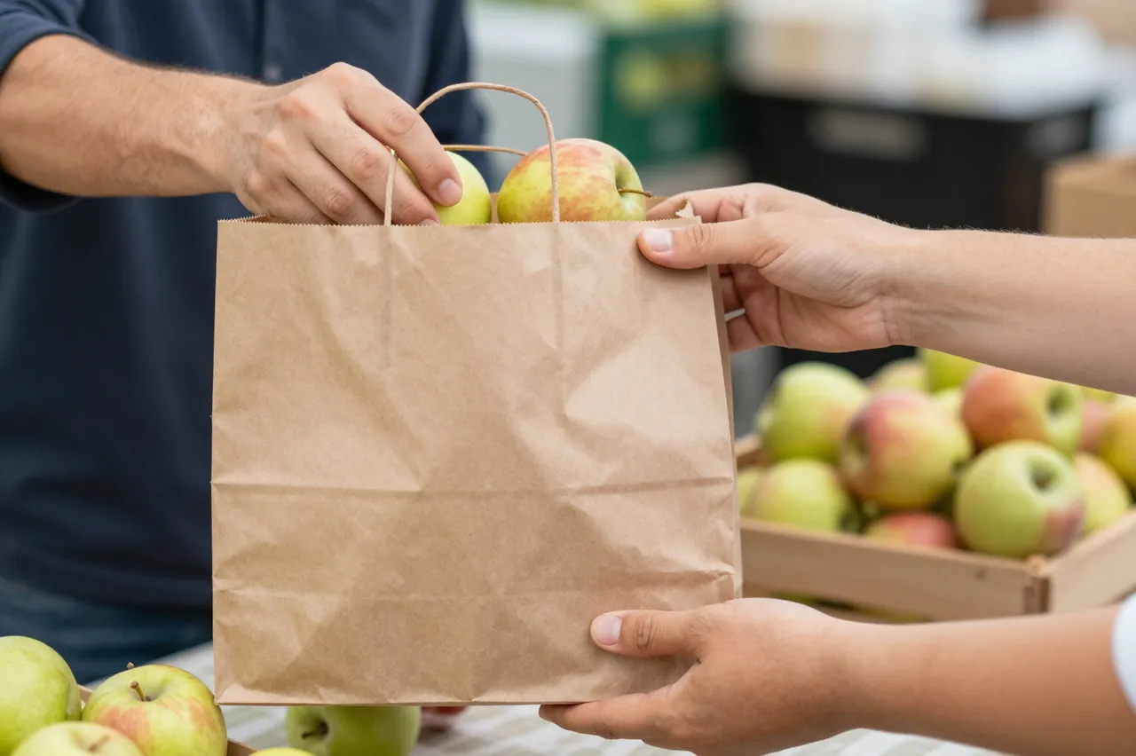 Vendor passes a brown paper bag of apples to a customer over a farmers market stall table