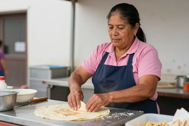 Senior Latina taco stand owner folding fresh handmade tortillas at a market stall counter