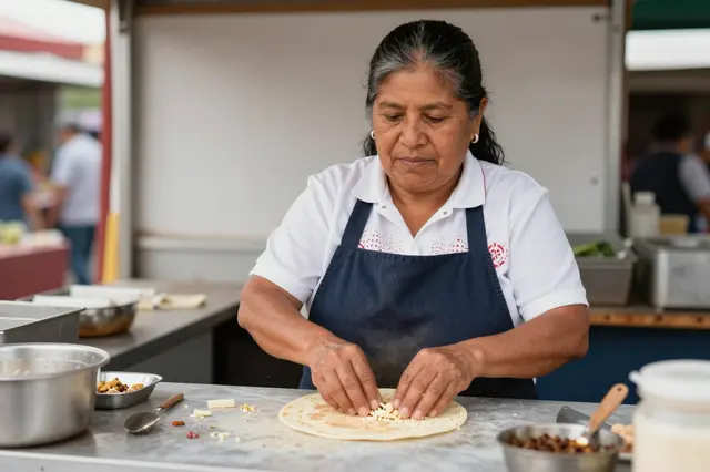 Older Latina market vendor prepares fresh tortillas at her street food stall counter