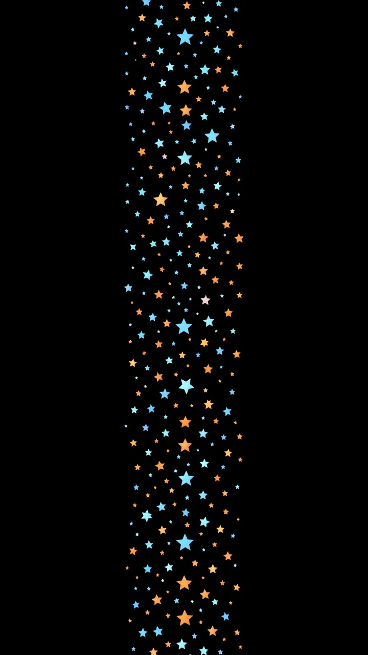 A narrow vertical stream of blue and orange stars floats against a solid pure black background