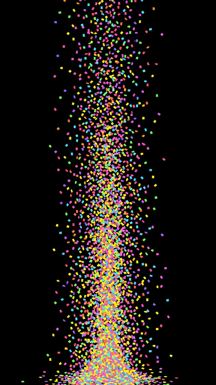 Bright multicolored square confetti bursts upward from the bottom against a solid pure black background