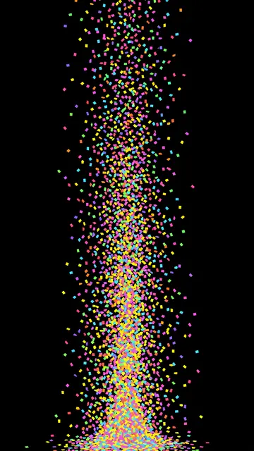 Bright multicolored square confetti bursts upward from the bottom against a solid pure black background