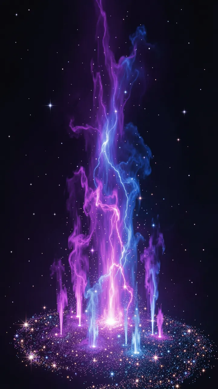 Tall violet and electric blue nebula plumes rise above a glowing sparkling star cluster in dark space