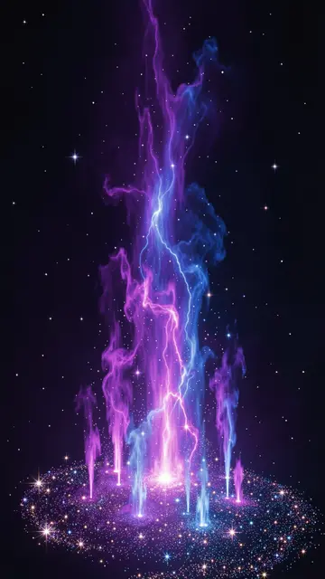 Tall violet and electric blue nebula plumes rise above a glowing sparkling star cluster in dark space
