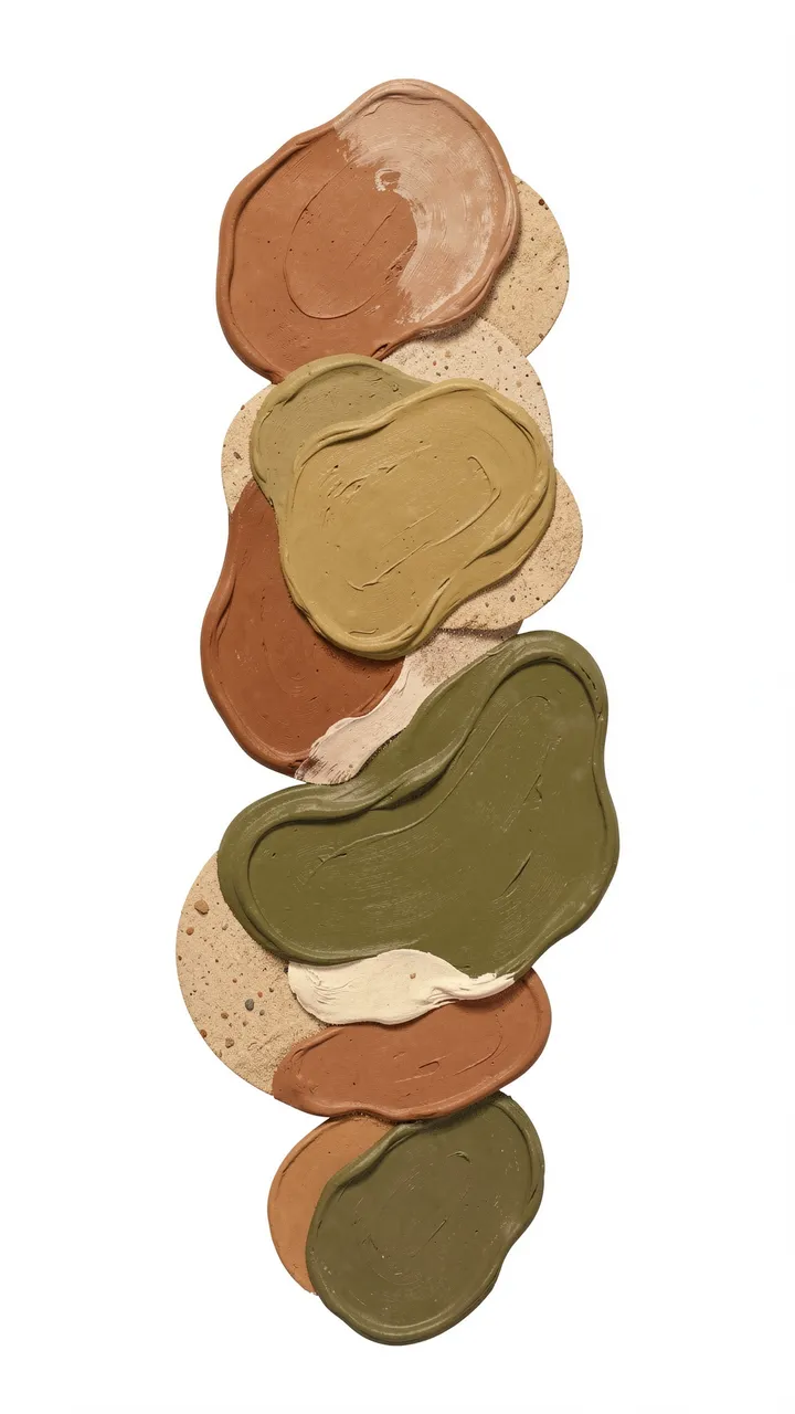 Stacked overlapping hand-painted organic blobs in clay, sand, and olive hues on a plain white background