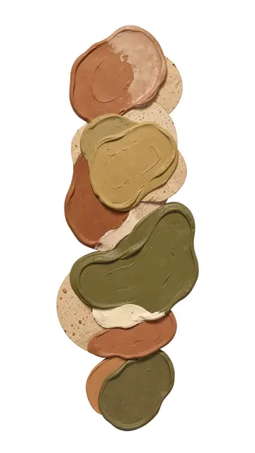 Stacked overlapping hand-painted organic blobs in clay, sand, and olive hues on a plain white background