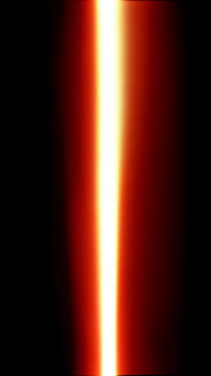 A vertical film burn light leak with a bright white-yellow core fades to deep red against a pure black background