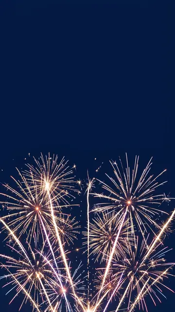 Golden and purple firework bursts rise from the bottom of a dark blue frame with empty upper copy space