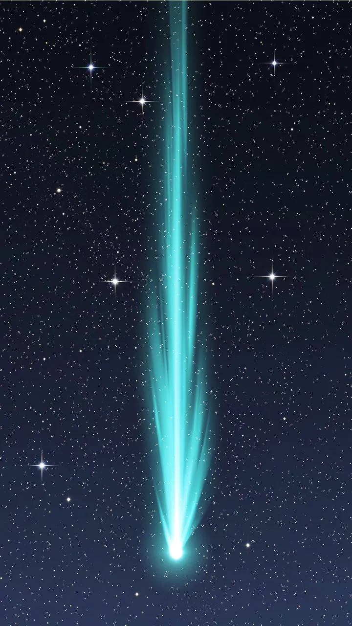 A bright vertical turquoise comet streams downward across a dark starry night sky