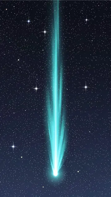 A bright vertical turquoise comet streams downward across a dark starry night sky