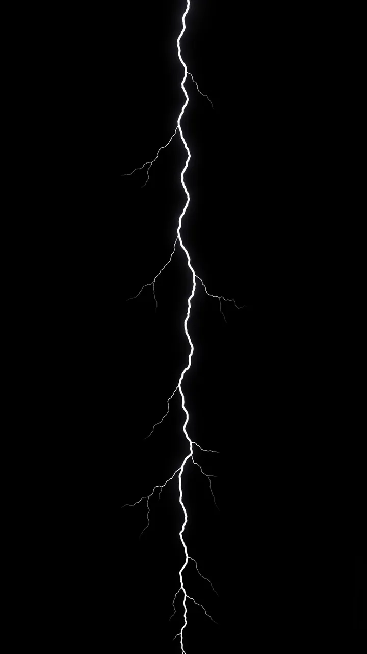 A bright jagged vertical lightning strike runs from top to bottom against a solid pure black background