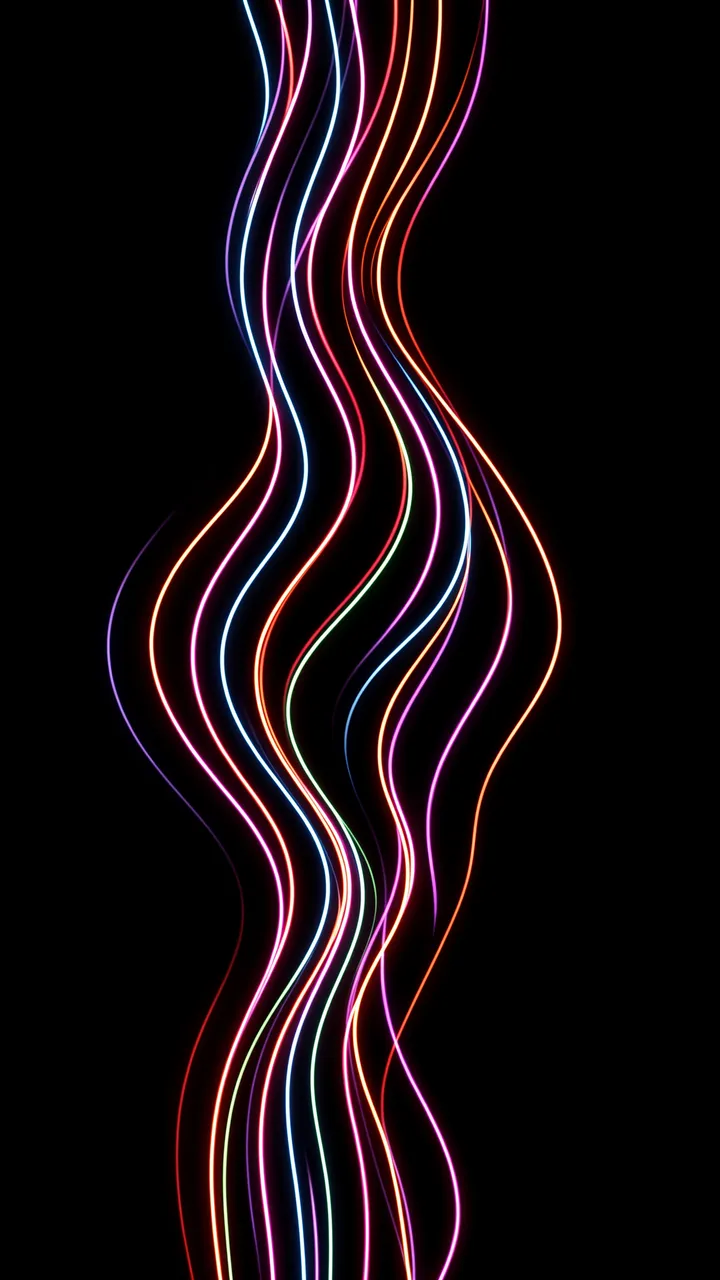 Glowing multicolored wavy neon lines curve vertically against a solid black background