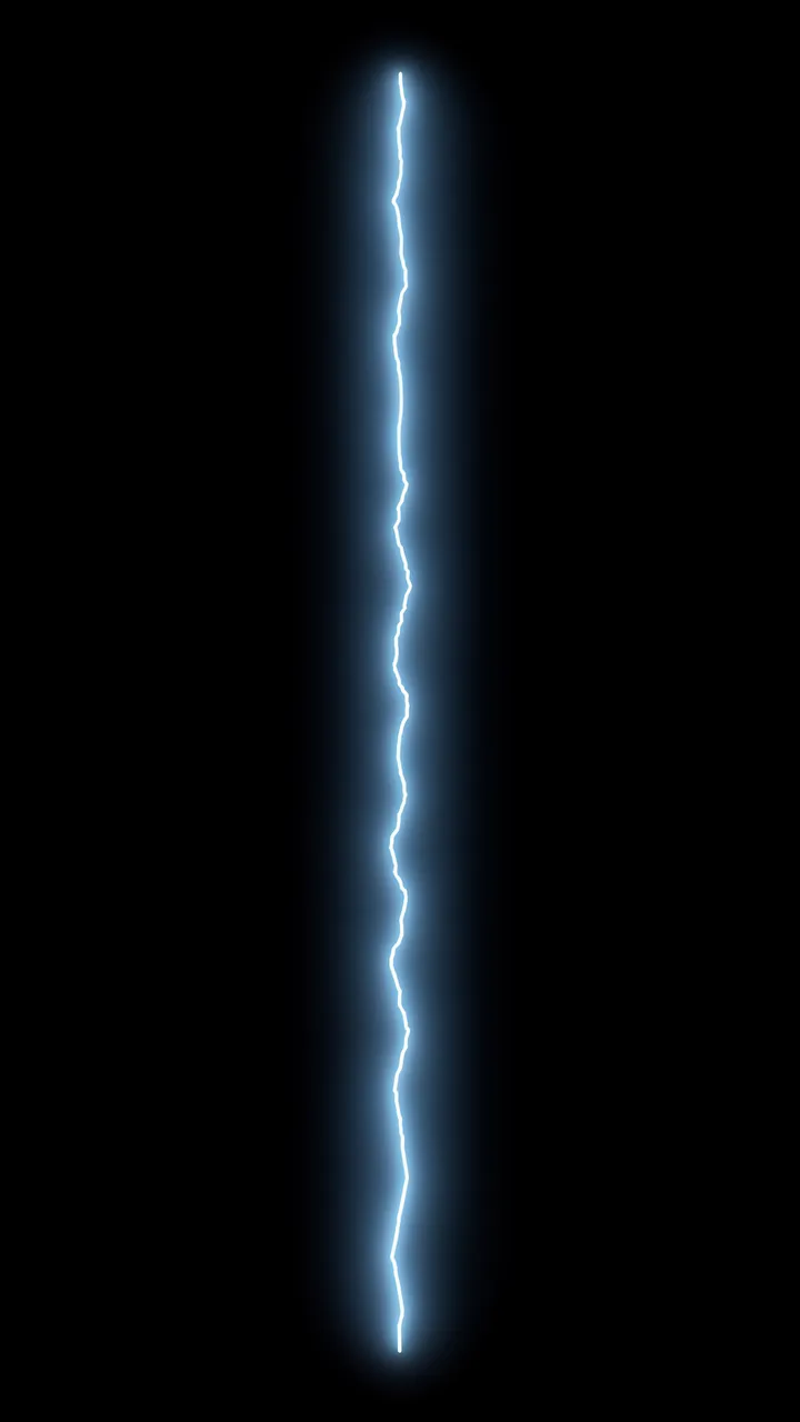 A thin vertical pale blue lightning bolt with a soft glow sits on a pure solid black background