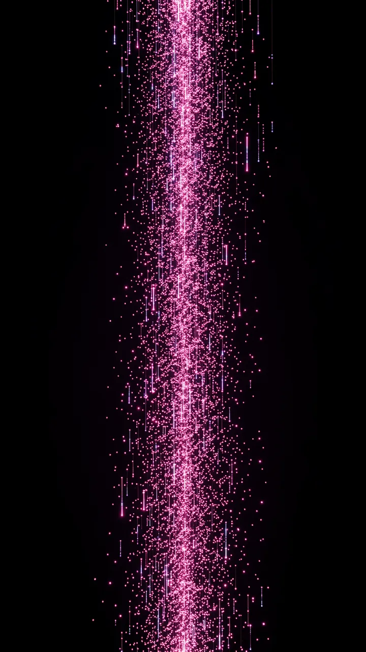 A vertical column of glowing pink and pale light particles flows against a solid black background