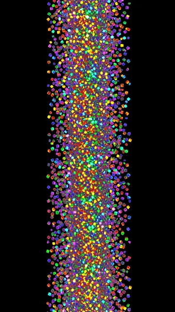 Dense vertical stream of multicolored holographic glitter flakes against a solid pure black background