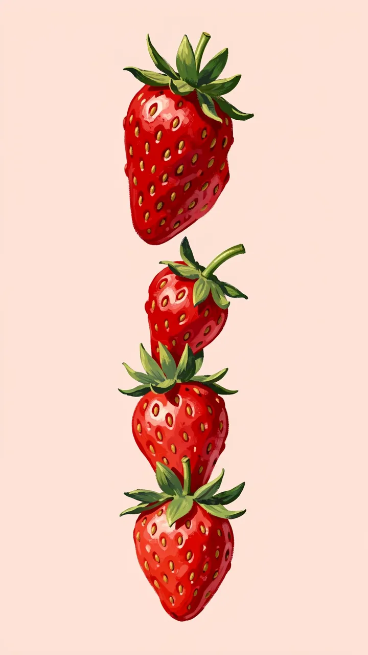 Four hand-painted wonky strawberries stacked vertically against a pale blush background