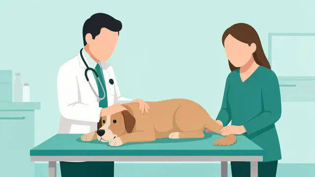 Faceless vet and pet owner examine a calm dog lying on a teal veterinary exam table.