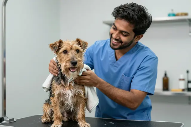A smiling South Asian vet nurse dries a wet terrier dog with a white towel on a clinic exam table