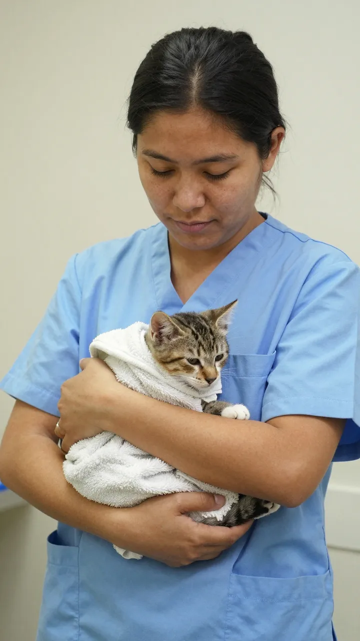 Veterinary nurse in blue scrubs cradles a tabby kitten wrapped in a soft white towel in a clinic.