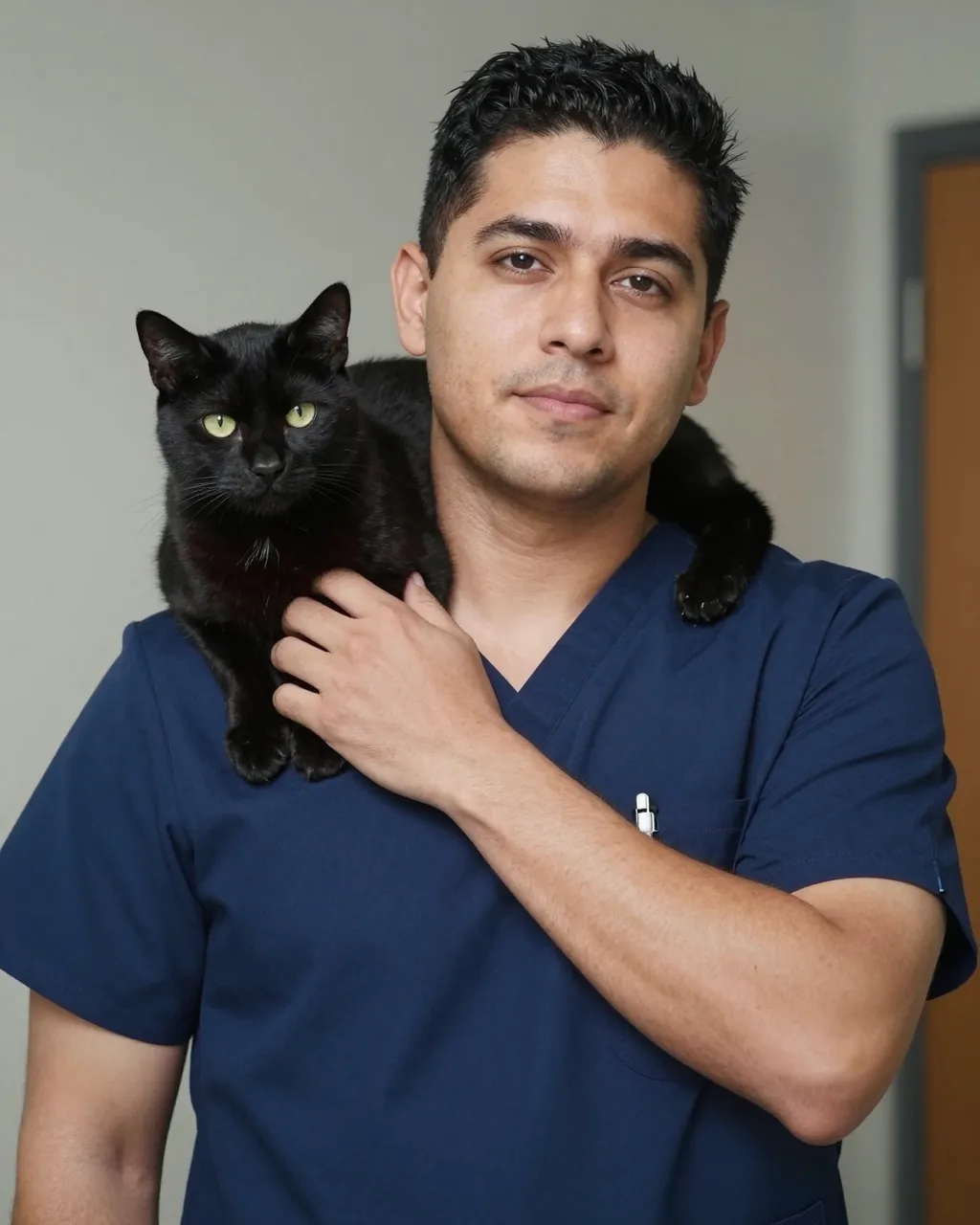 Latino vet nurse in navy scrubs holds a calm black cat resting on his shoulder in a clinic