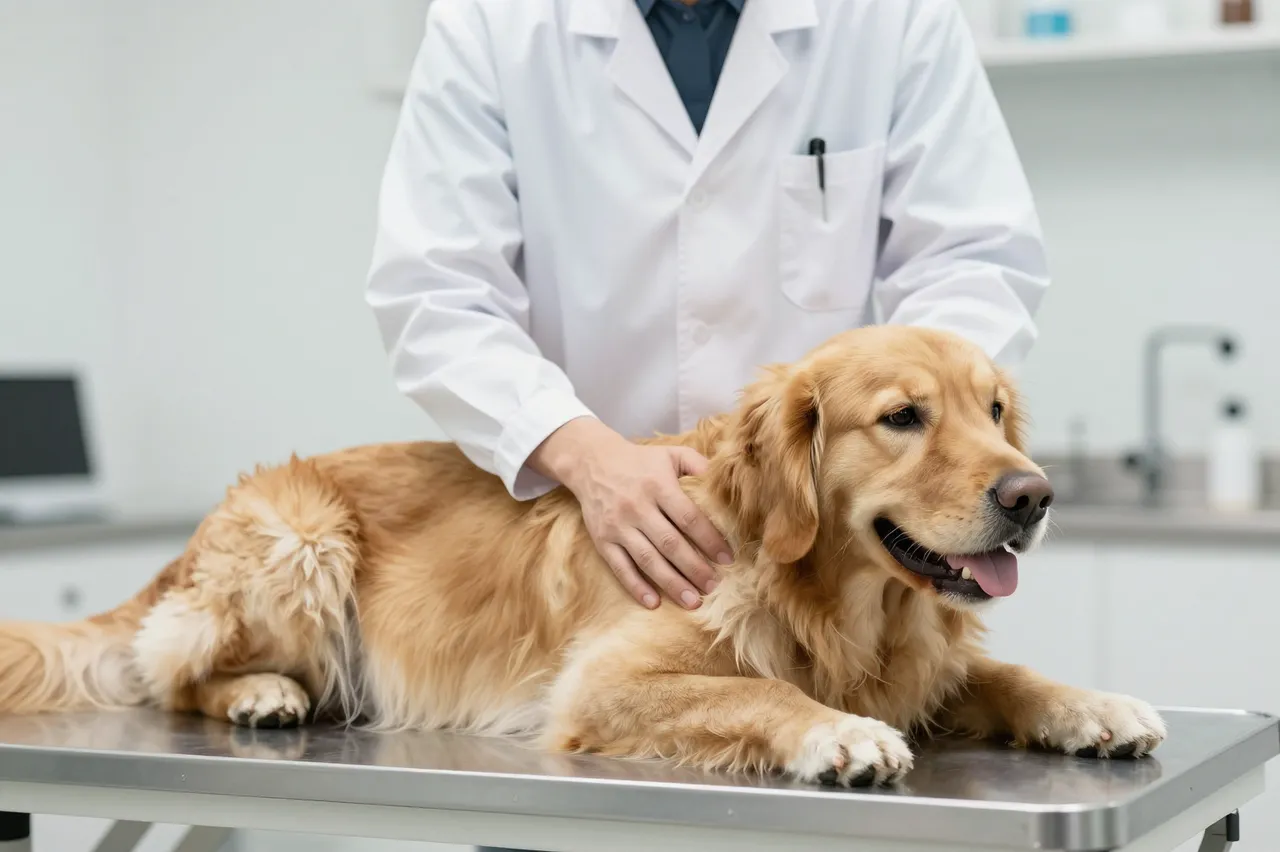 A vet in a white coat rests a hand on a calm golden retriever lying on a stainless steel clinic exam table