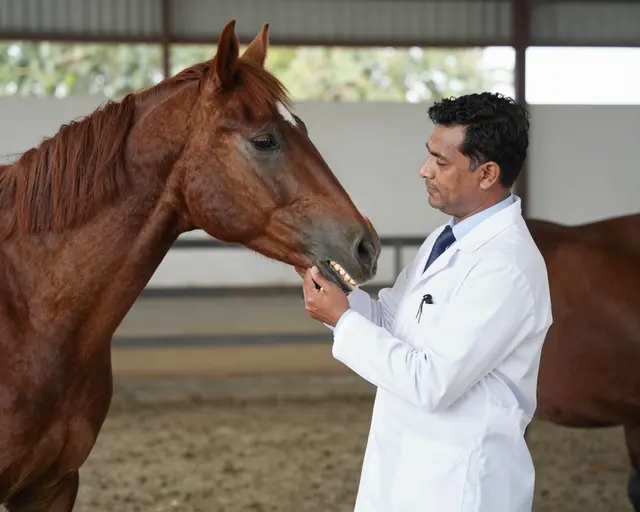 A South Asian veterinarian examines the teeth of a calm brown horse inside a stable shelter
