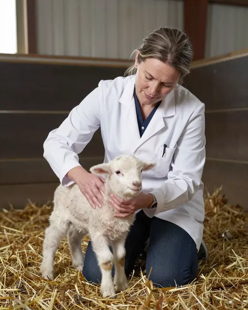 A veterinarian kneels on barn straw to gently examine a small woolly lamb.