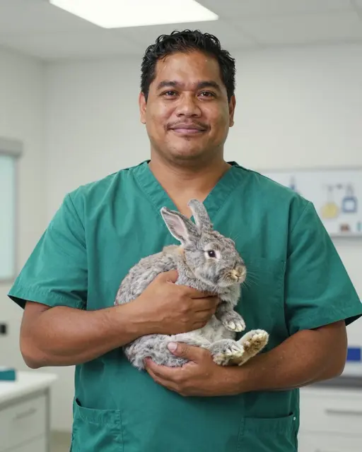 Pacific Islander veterinarian in green scrubs holds a calm gray rabbit in a bright veterinary clinic.