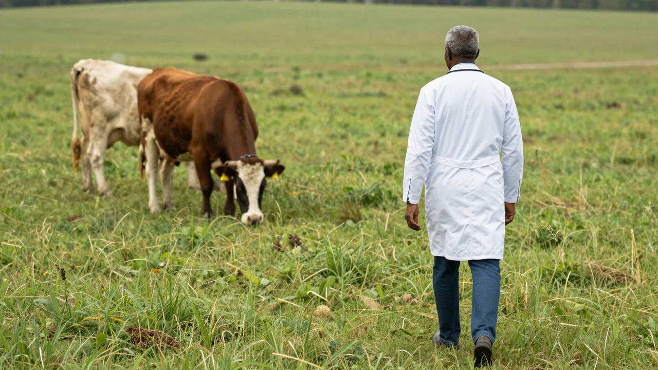 A senior Black veterinarian in a white coat walks toward two grazing cows in a green pasture, viewed from behind.