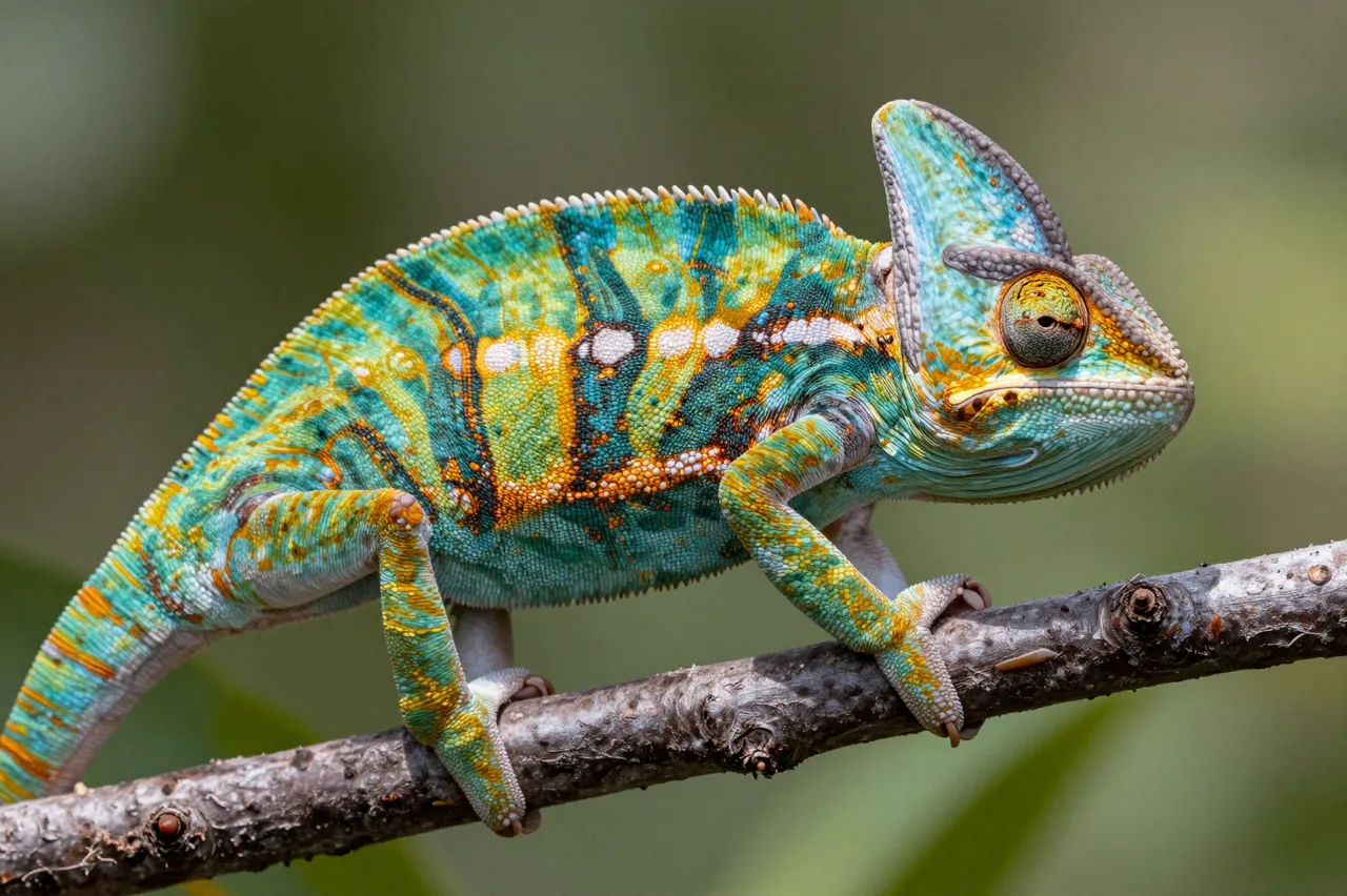 A vividly colored chameleon perches steadily on a textured wooden branch against blurred green foliage.