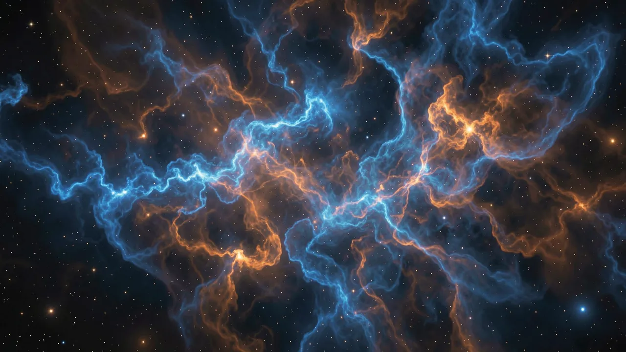 Swirling glowing blue and orange nebula gas clouds stretch across a star-filled dark space