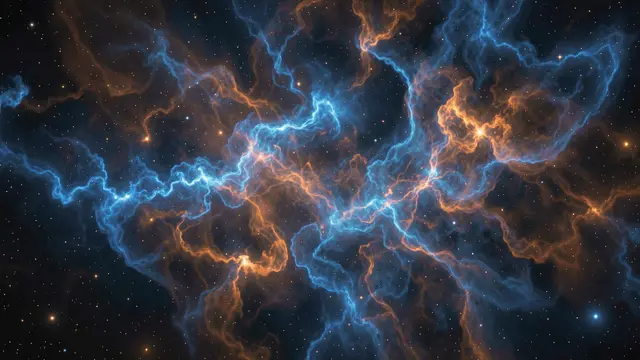 Swirling glowing blue and orange nebula gas clouds stretch across a star-filled dark space