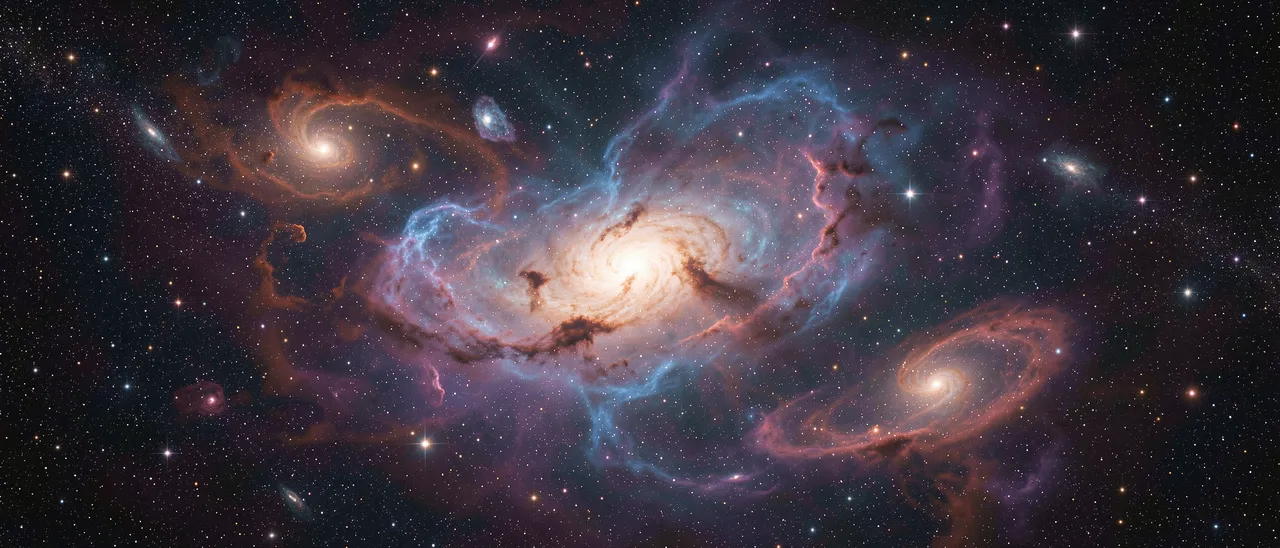 An ultrawide view of swirling multicolored nebula filaments and spiral galaxies scattered across a star-filled dark space