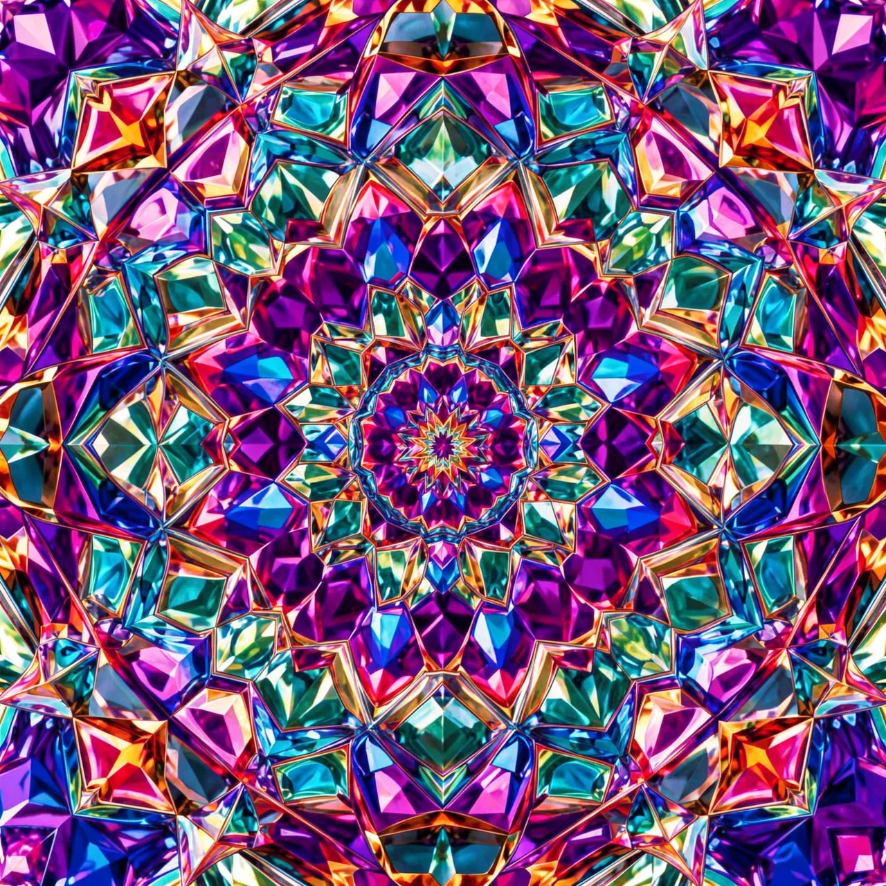Symmetrical faceted kaleidoscope pattern rendered in rich, vibrant jewel tones.
