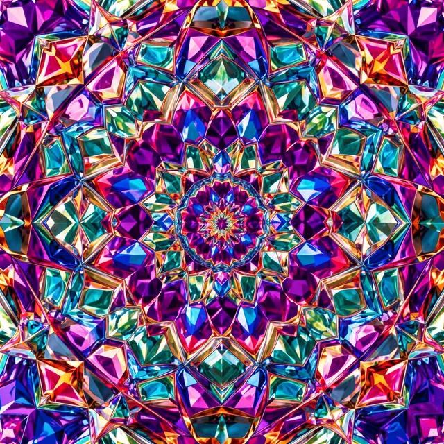 Symmetrical faceted kaleidoscope pattern rendered in rich, vibrant jewel tones.