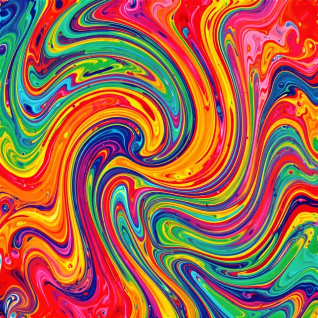 Bright multicolored swirling liquid paint creates a dynamic flowing abstract pattern