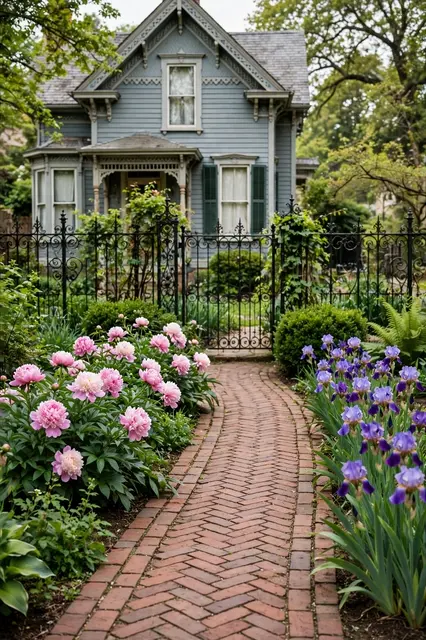 Herringbone brick walk leads through peony and iris borders to a blue Victorian house behind a wrought iron fence