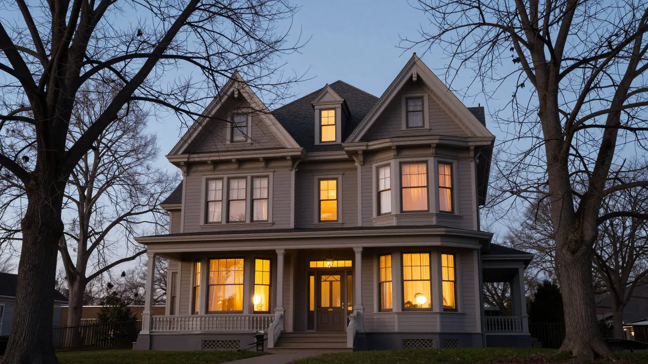 Gray Victorian house with glowing warm windows stands between bare trees at blue hour dusk