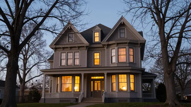 Gray Victorian house with glowing warm windows stands between bare trees at blue hour dusk
