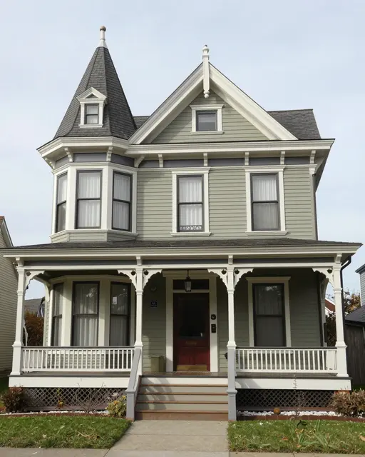 Light green Victorian house with a conical turret and covered wraparound porch stands under an overcast sky.