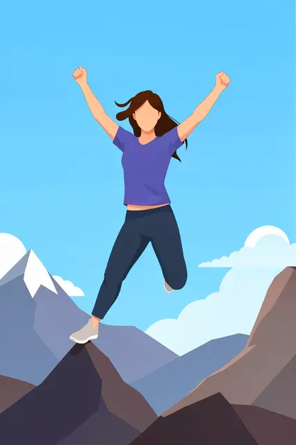 A faceless woman jumps with raised fists in celebration atop a mountain range under a bright blue sky