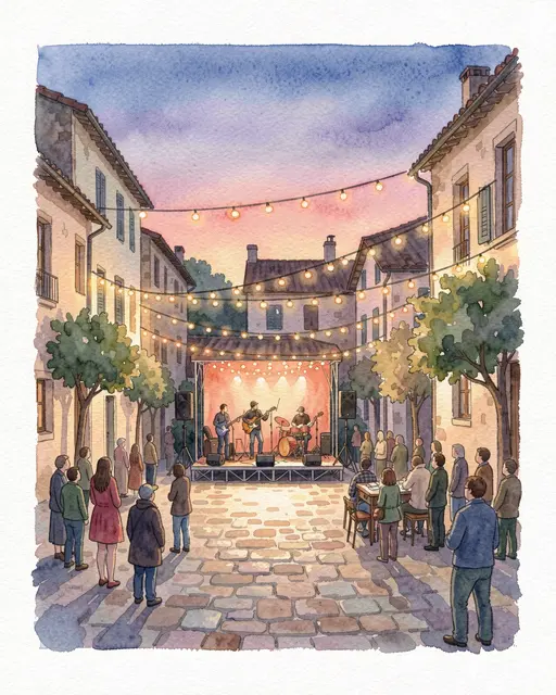 Watercolor painting of an outdoor band concert in a cobblestone village square strung with warm string lights at dusk