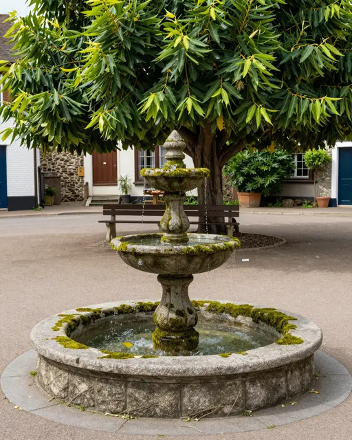 A moss-covered stone fountain sits in an empty small village square with a bench under a leafy tree
