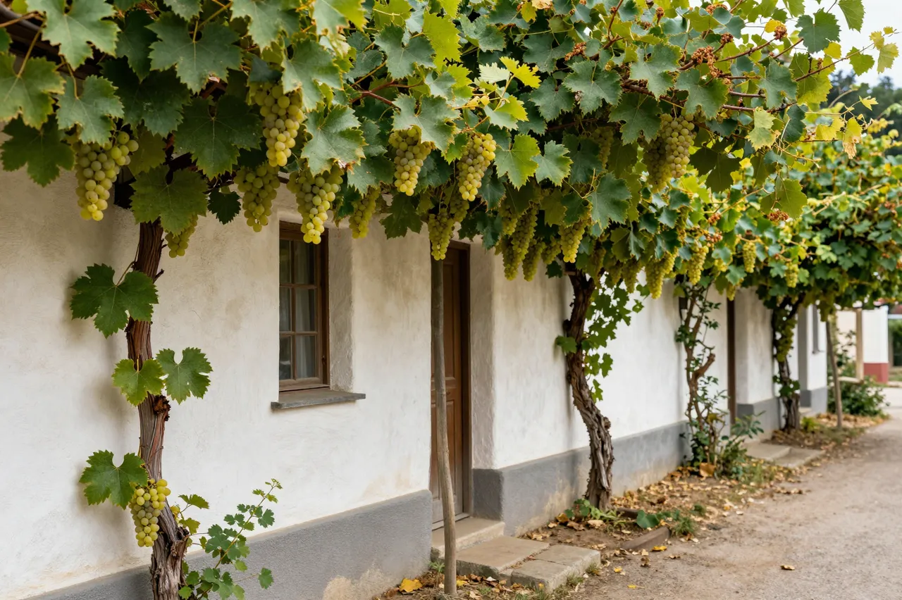 Ripe white grape vines climb a plaster cottage wall shading a quiet rural lane at harvest time