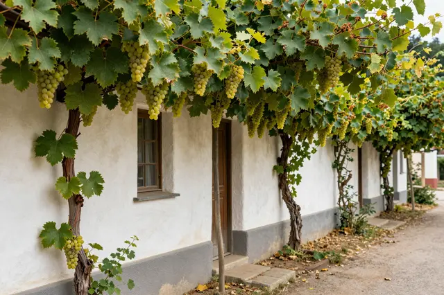 Ripe white grape vines climb a plaster cottage wall shading a quiet rural lane at harvest time