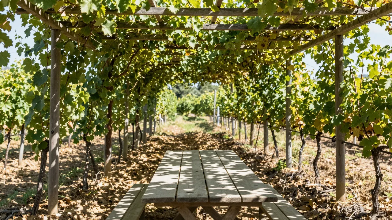 Wooden picnic table sits shaded under a grapevine pergola in a sunlit vineyard on a warm afternoon