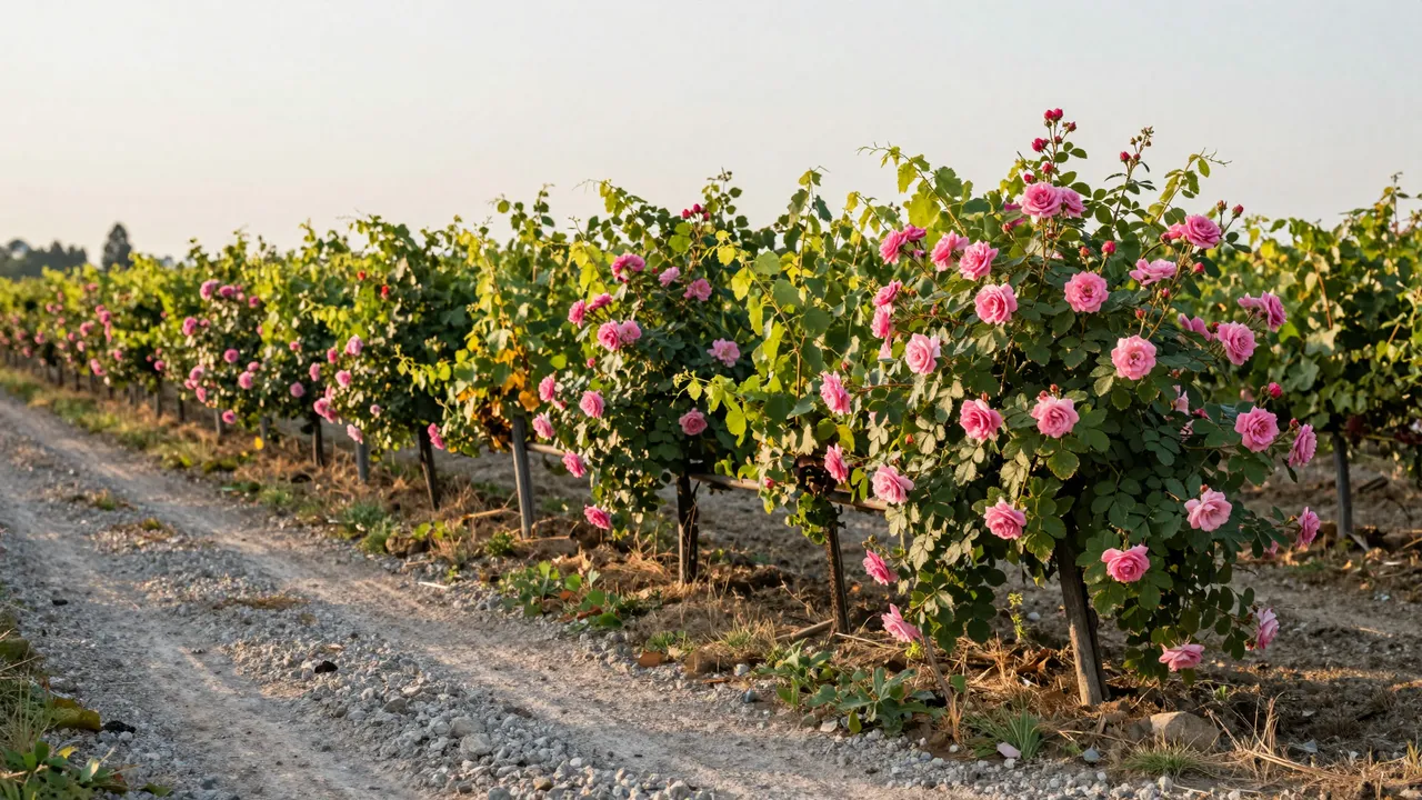 Rows of grapevines interspersed with pink rose bushes line a gravel track under soft warm evening light