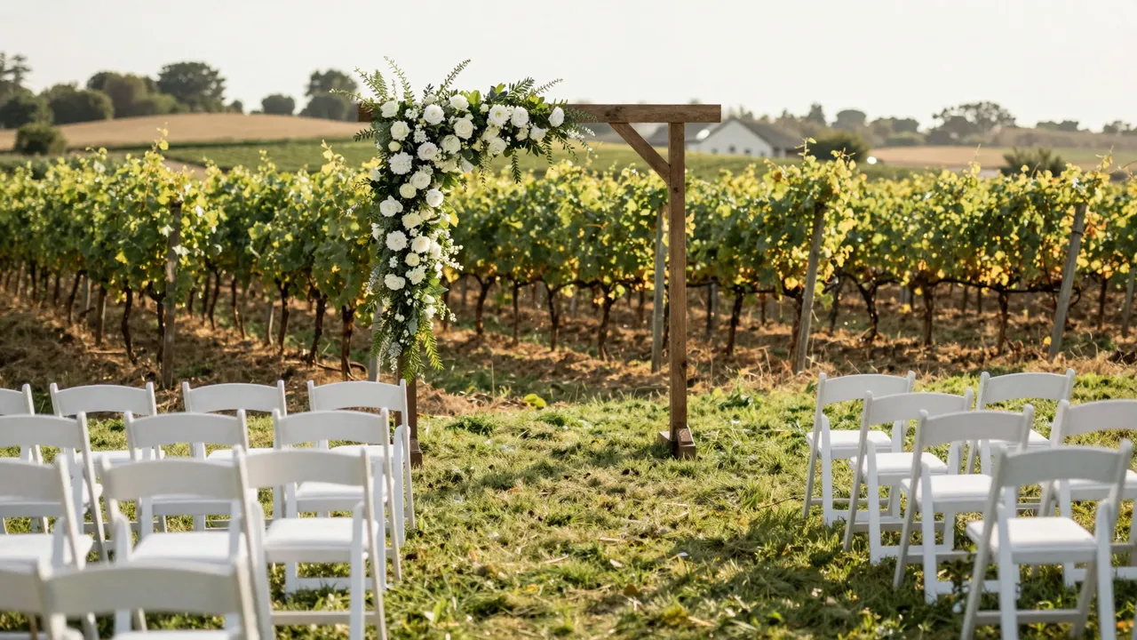 Empty vineyard wedding ceremony setup with white chairs and a floral arch at golden hour